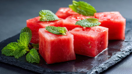 Juicy watermelon chunks topped with fresh mint leaves, artfully arranged on a dark slate platter to evoke cool summer vibes and vibrant, inviting freshness.の写真素材