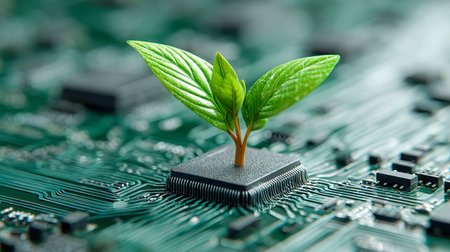 A vibrant green sprout emerges from a sleek CPU at the heart of an advanced circuit landscape, illustrating harmony between cutting-edge tech and eco-conscious growtの写真素材