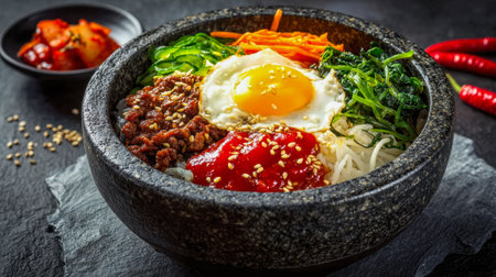 A hearty Korean-inspired meal featuring a sizzling stone vessel filled with colorful vegetables, seasoned beef, a sunny-side-up egg, and fiery red chili sauce on amの写真素材