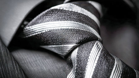 A sleek, diagonally striped silk tie elegantly loops atop a deep-toned tailored suit, exuding refined professionalism and intricate craftsmanship ideal for elite businessの写真素材