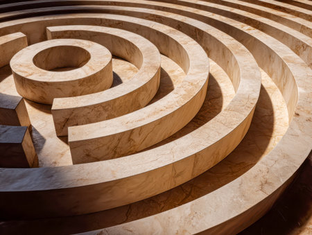 An overhead perspective reveals a intricate beige stone maze, where gentle sunlight creates delicate shadows along winding walls and enchanting curves.の写真素材