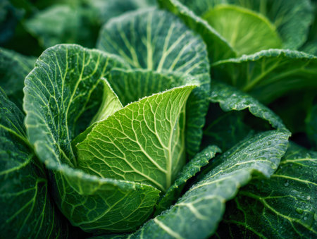 Morning light bathes lush cabbage leaves adorned with tiny dew droplets, thriving amidst moist soil on a serene outdoor farm, embodying freshness and natural growth.の写真素材