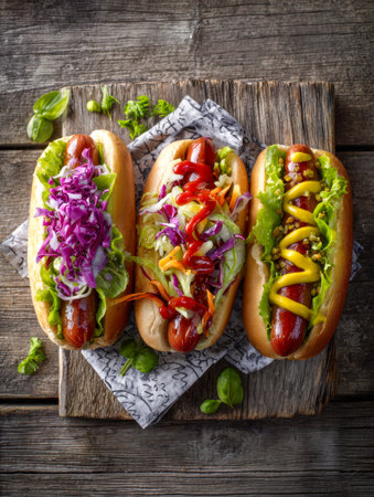 Juicy sausages nestled in fluffy buns lie alongside crisp greens, vibrant shredded veggies, and an array of bright sauces, all arranged on a rustic wooden platter wiの写真素材