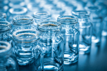 A precise arrangement of clear glass vials mirrors the cool blue glow, forming a captivating geometric pattern on a glossy surface with a softly blurred backdrop.の写真素材