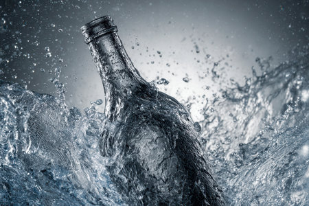 A sleek glass container erupts in a vivid splash, with water surging around it and droplets capturing motion midair, set against a gentle pastel gradient in monochroの写真素材