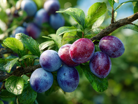 Brightly hued plums dangle amid lush green leaves, basking in warm sunlight within a lively orchard, with soft-focus foliage and fruit clusters creating a captivatinの写真素材