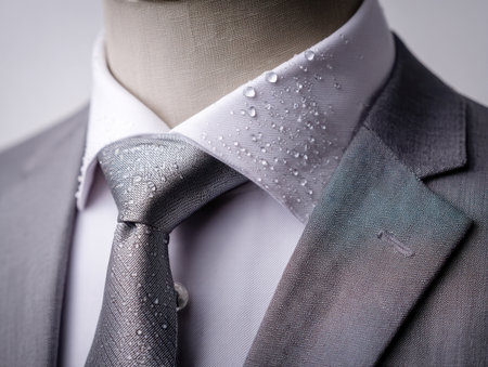 An elegant gray business ensemble with a crisp white shirt and sleek tie, highlighted by water droplets that suggest durable, rain-resistant fabric.の写真素材