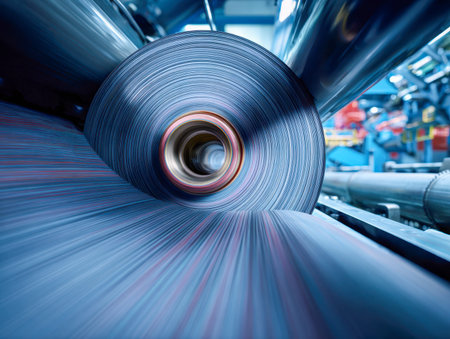 A massive, glaming metal roll advances through an advanced rolling system, illuminated by striking...