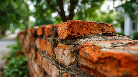 A rustic brick wall with textured mortar and glowing amber tones, framed by leafy trees that evoke tranquility in a quiet, suburban atmosphere.の写真素材
