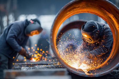 Expert craftsmen in safety gear craft intricate metal structures outside, igniting vibrant sparks...