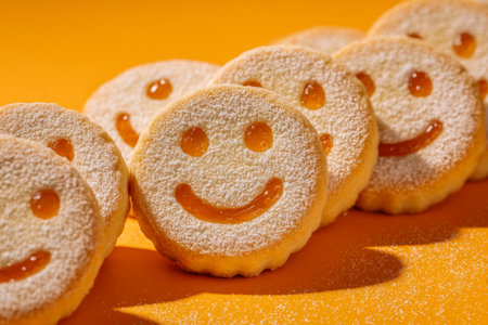 A row of cheerful, face-shaped cookies filled with jam and sprinkled with powdered sugar creates a lively, appetizing scene on a bright orange backdrop perfect for fの写真素材