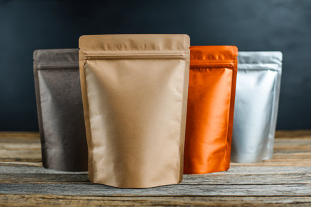 Four empty resealable pouches in warm tones?earthy brown, sleek black, vibrant orange, and shiny silver?arranged on a textured wooden surface with a moody backdrop.の写真素材