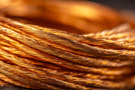 A close-up of gleaming copper strands entwined, their warm golden reflections capturing light against a textured industrial surface, evoking energy and craftsmanshipの写真素材