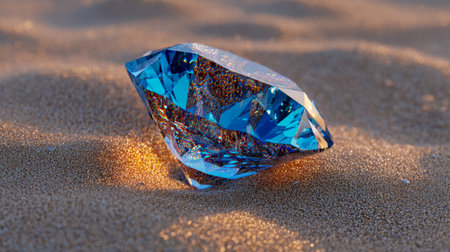 A vibrant azure jewel gleams under warm sunlight, nestled on textured sand with shimmering gold accents emanating from its base, captured from ground level.の写真素材