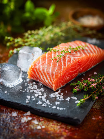A vivid scene featuring a vibrant pink salmon fillet accented with fresh herbs and coarse sea salt, artfully arranged on a sleek slate serving platter amidst glistenの写真素材