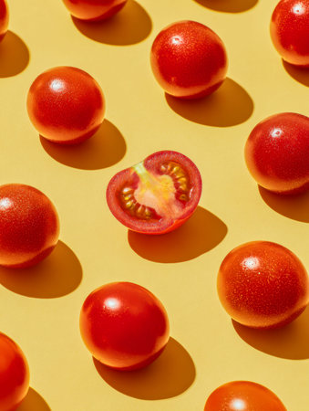 Vibrant cherry tomatoes spread across a sunny yellow surface, with one sliced open to showcase its...