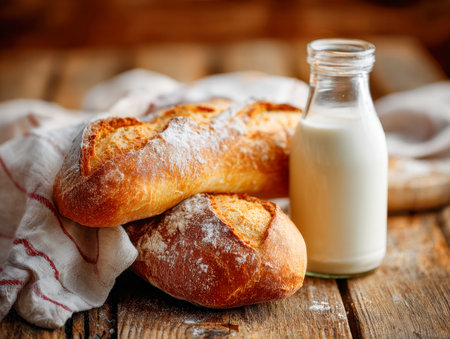 A cozy breakfast setting features golden, crusty bread and a chilled glass bottle of milk resting on a warm wooden surface, draped with a soft linen cloth.の写真素材