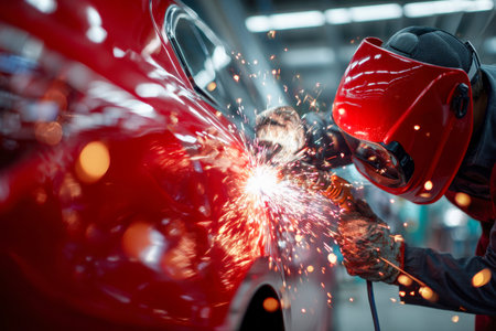 A professional technician, clad in safety gear, meticulously welds a striking red vehicle, with dazzling sparks casting dynamic light across the precise repair procedureの写真素材