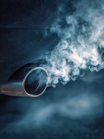 A close-up of a vehicle?s exhaust outlet releasing thick, billowing white smoke set against a deep blue backdrop, highlighting urban pollution and ecological impact.の写真素材