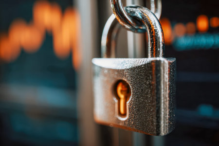A detailed close-up of a shiny metal lock highlighting safety and confidentiality amidst a...