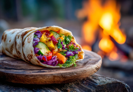 A vivid array of crunchy peppers, crisp cucumbers, and lush greens wrapped in a tortilla, resting on a rustic wooden plate beside a cozy outdoor campfire.の写真素材