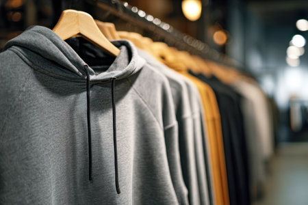 A vibrant display of multicolored hooded sweatshirts on sleek wooden hangers, illuminated by subtle lighting that highlights their cozy, stylish appeal in a contemporaryの写真素材