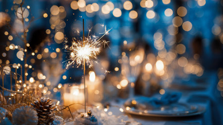 A cheerful celebration scene featuring a luminous sparkler, soft bokeh glow, and flickering candles, all arranged on an elegant table ready for joyful festivities.の写真素材