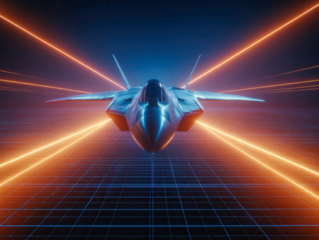 A sleek, advanced aircraft slices through a luminous digital landscape, illuminated by vibrant orange beams and shimmering neon lines in a dark, futuristic setting.の写真素材