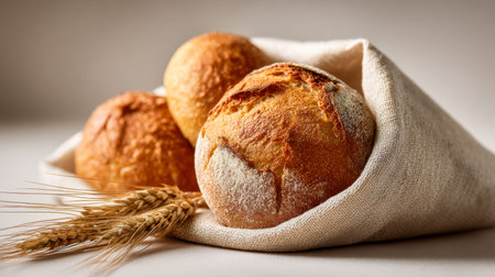 Warm, golden bread rolls nestled in textured linen, accented by delicate wheat stalks, evoking...