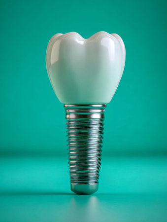 An intricate illustration showing a dental implant assembly, featuring a white ceramic cap atop a metallic screw, set against a lively teal backdrop for educational usの写真素材