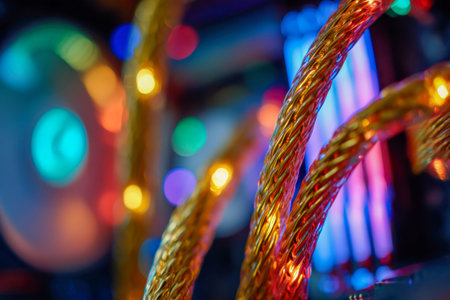Intricate gold braided wiring weaves through a luminous ecosystem of vibrant internal components and...
