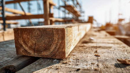 A rugged wooden beam showcasing prominent growth rings lies atop a vintage plank, bathed in warm sunset light amidst a construction setting with soft-focused scaffolの写真素材