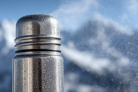 A gleaming metal flask emits gentle vapor, its surface adorned with glistening droplets, set against a crisp, snow-capped mountain backdrop on a bright, clear day.の写真素材