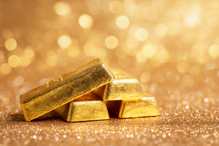 A luxurious arrangement of radiant gold ingots resting on a shimmering surface, illuminated by...
