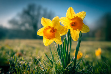 Bright daffodils sparkle with dew as gentle sunrise bathes a tranquil meadow, creating a warm, peaceful atmosphere infused with fresh, springtime energy.の写真素材