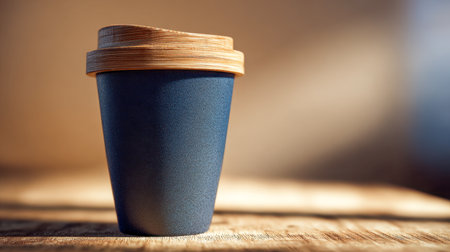 A sleek blue eco-friendly cup with a natural bamboo top rests on aged wooden planks, glowing softly in warm sunlight, evoking simple, sustainable living.の写真素材