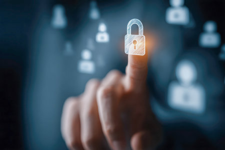 A professional performs a precise touch gesture on a sleek digital screen, activating a lock symbol that signifies safeguarding sensitive information and ensuring syの写真素材