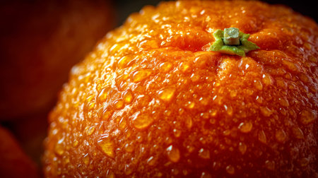 A vivid, ripe orange with glistening droplets emphasizing its succulent interior and pure, uplifting...