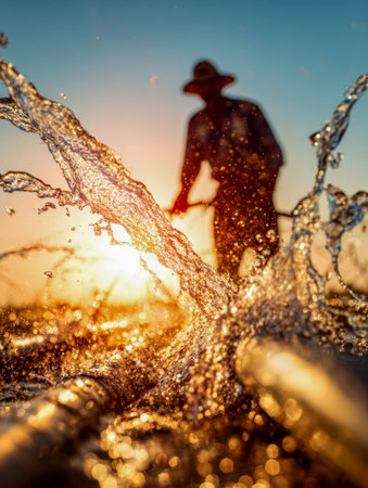 Dawn's warm glow bathes a moisture-laden spray, while a farmer tends to lush fields, symbolizing growth and the dawn of sustainable agriculture.の写真素材