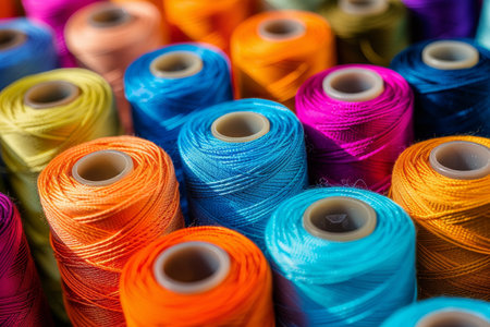 Colorful cotton threads on spools for sewing and embroidery projects, ideal for creative craftsの写真素材