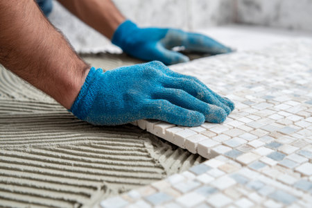 A skilled craftsman carefully places small white tiles onto a sticky cement surface, ensuring precise alignment during a meticulous indoor flooring makeover.の写真素材