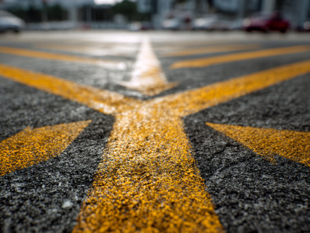 Bright yellow arrows with a textured finish stretch across a city street, guiding travelers and embodying the essence of navigating diverse options in urban life.の写真素材