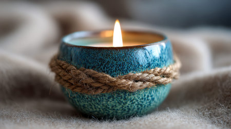 A charming ceramic vessel with a tactile blue finish and a charming rope accent cradles a gentle,...