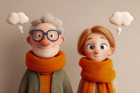 A joyful elderly man and a young woman share a warm moment, both donning snug orange scarves, with playful cloud-shaped ideas floating above them on a soothing beigeの写真素材