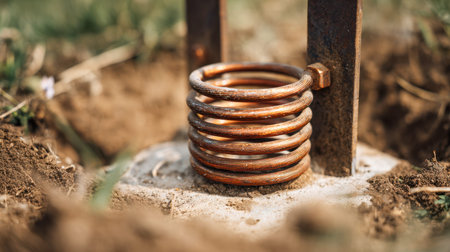 A resilient metal coil connects to a weathered brown steel post anchored in hardened concrete,...