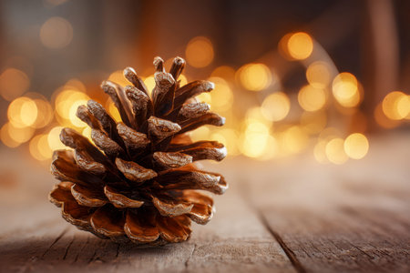 A lone pine cone lies on aged wood, illuminated by gentle golden orbs that evoke a warm, inviting ambiance ideal for seasonal or rustic themes.の写真素材