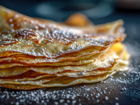 A perfectly layered stack of delicate golden pancakes sprinkled with snowy powdered sugar, inviting...
