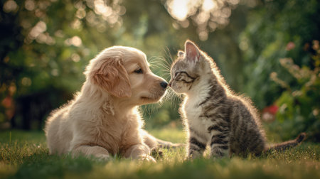 A sweet puppy and a striped kitten cuddle peacefully on vibrant grass, basking in warm sunlight amid a dreamy garden setting with blurred greenery.の写真素材