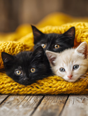 Three playful kittens in varied hues curl up closely on a warm, textured blanket, creating a charming, intimate scene against a rustic wooden floor in a cozy home seの写真素材
