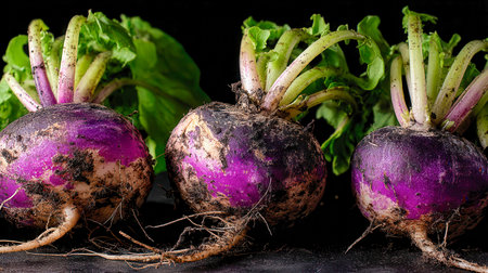 Brightly colored tubers with rich purple hues and lush green foliage, dusted with earth, set against a dark backdrop to highlight natural freshness and wholesome choの写真素材